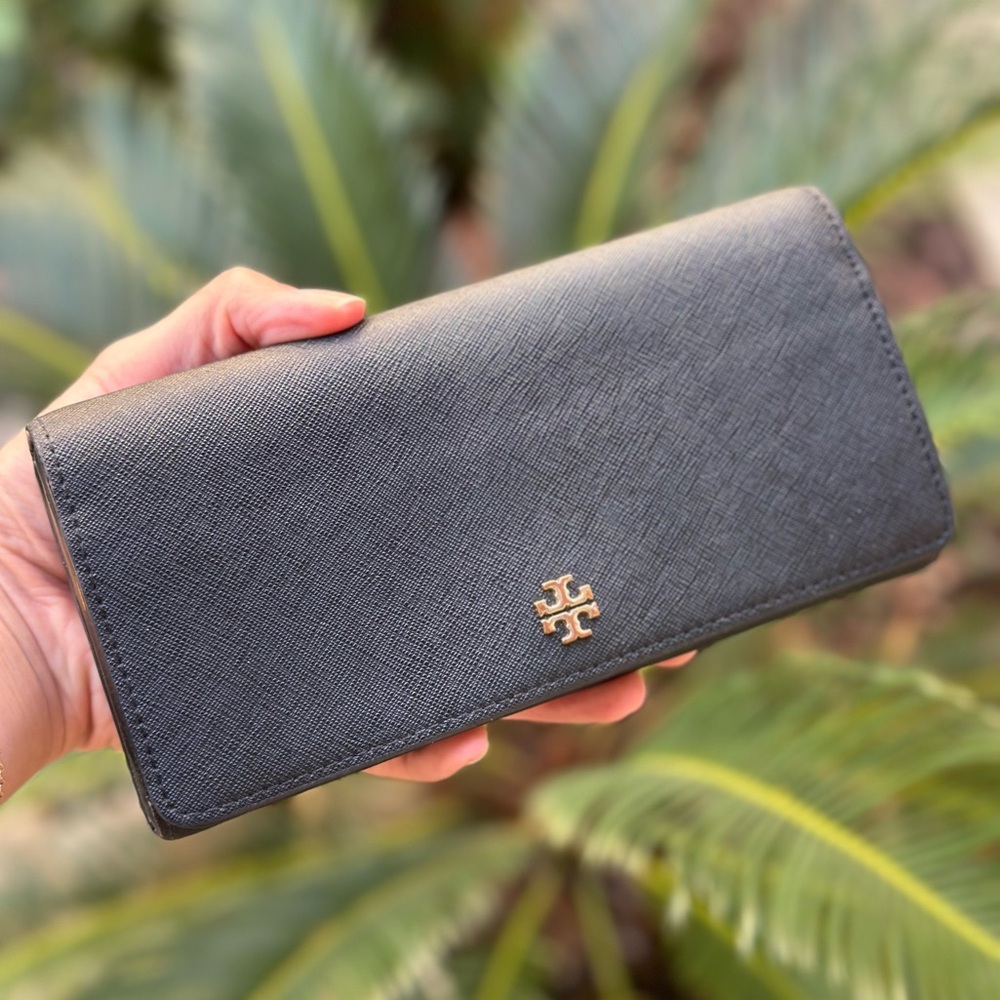 Tory Burch Black Checkbook Wallet long leather gold accents
